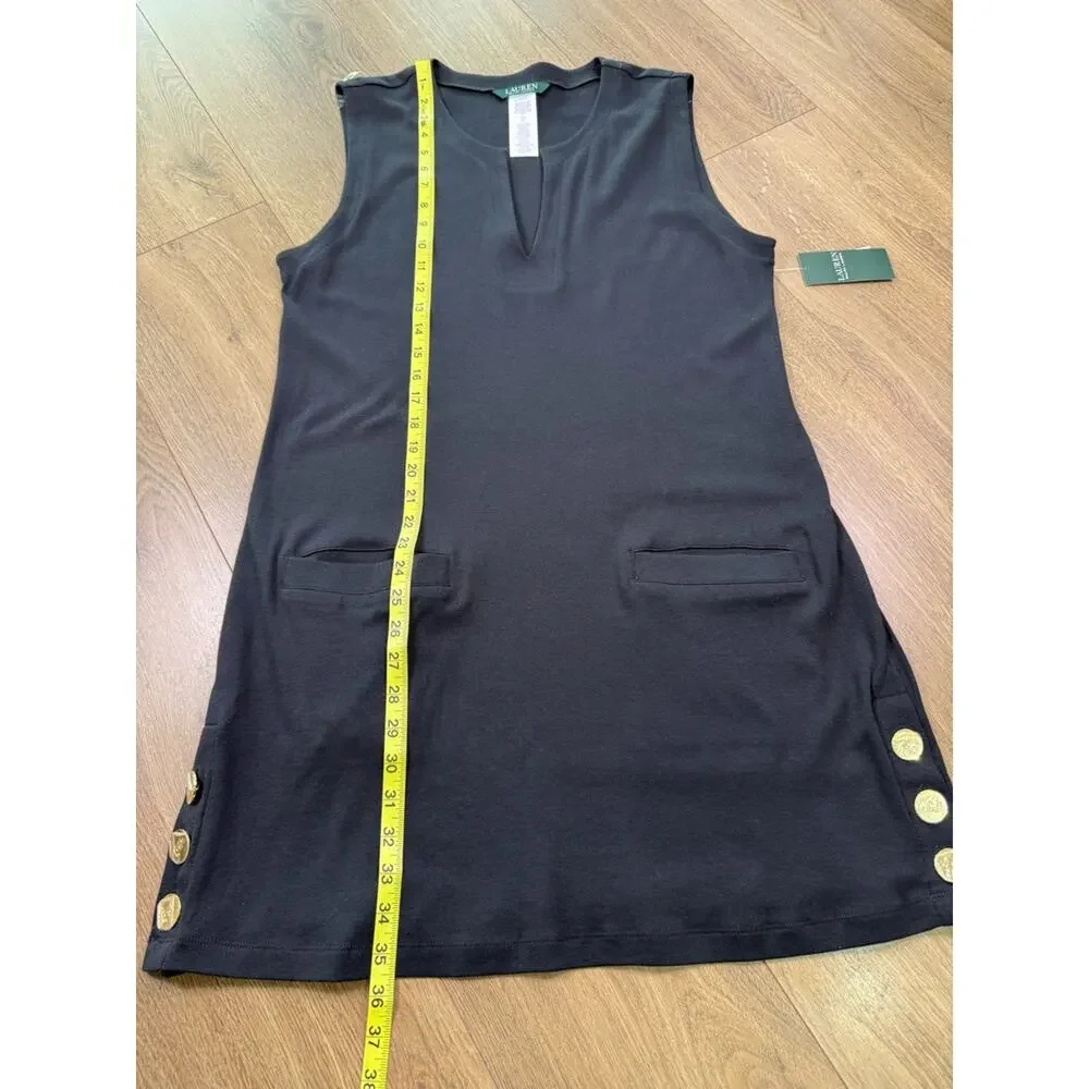 NWT Lauren Ralph Lauren Black Tunic Swim Cover Up Mini Dress Gold Buttons Large